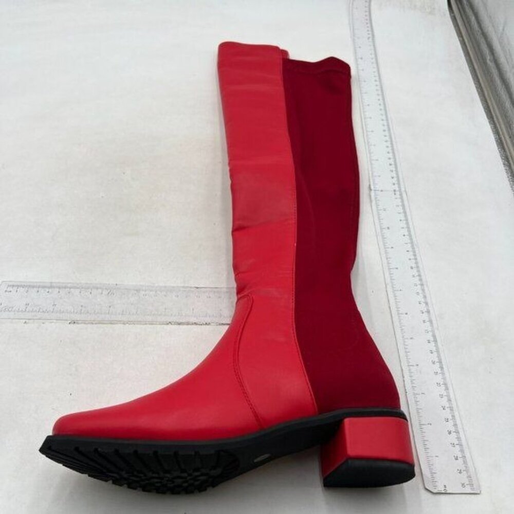 FOWT Women Multicoloured Knee High Boots, Almond Toe Booties with Two Toned Red